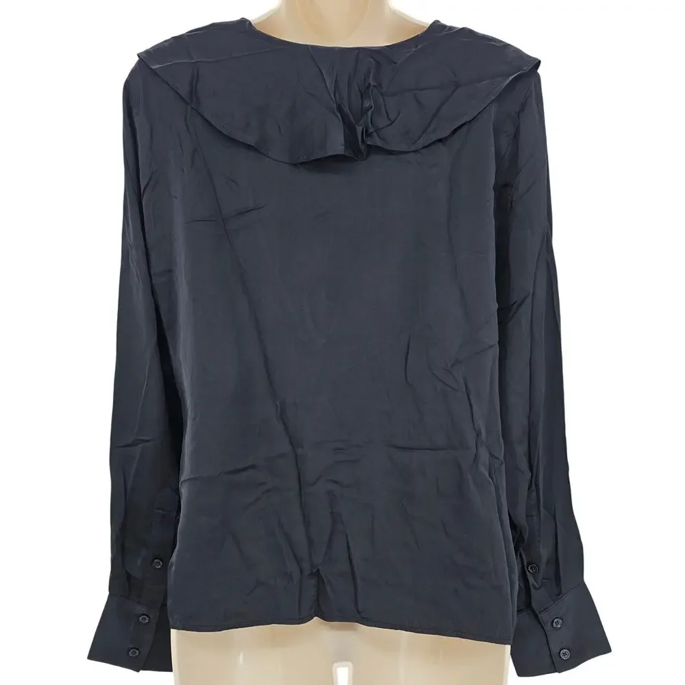 J. Crew Womans size S Goldie Ruffle Collar Satin Top Shirt Black CD054 NEW